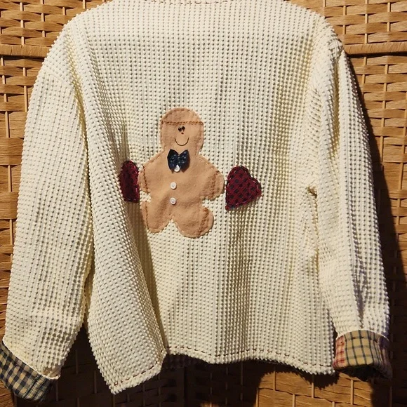 Womens Christmas, Holiday, Gingerbread Embroided Festive Open Textured Cardigan - Picture 6 of 9